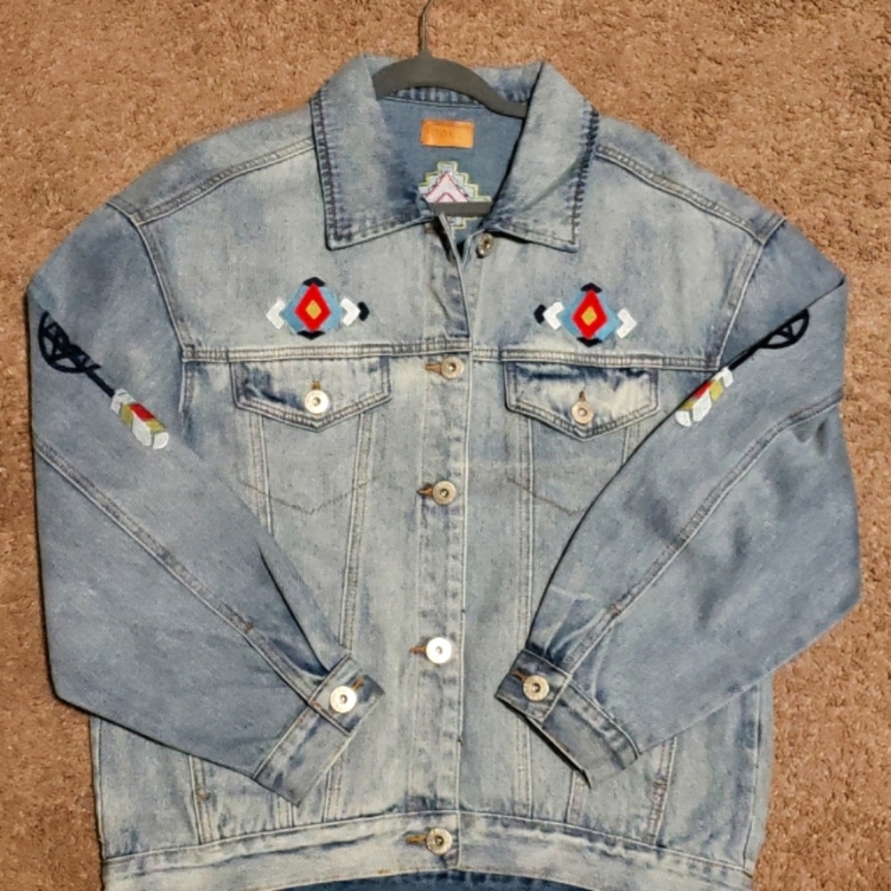 Denim Jacket with Aztec-inspired print